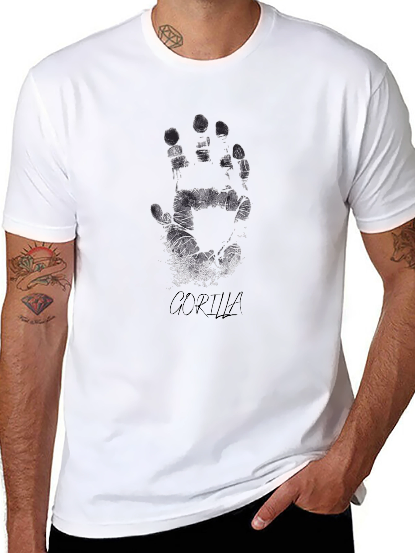 Grunge Handprint Graphic Tee - Black Cotton Casual Shirt