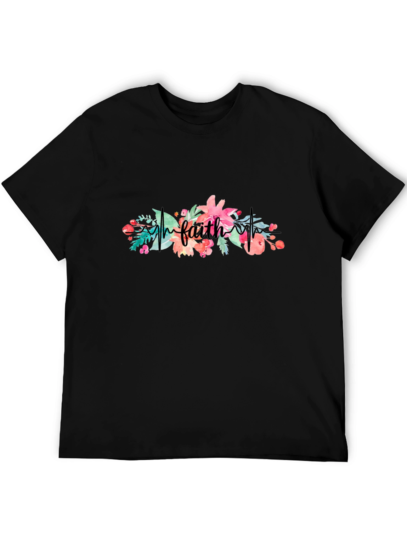 Faith Floral Heartbeat Black T-Shirt