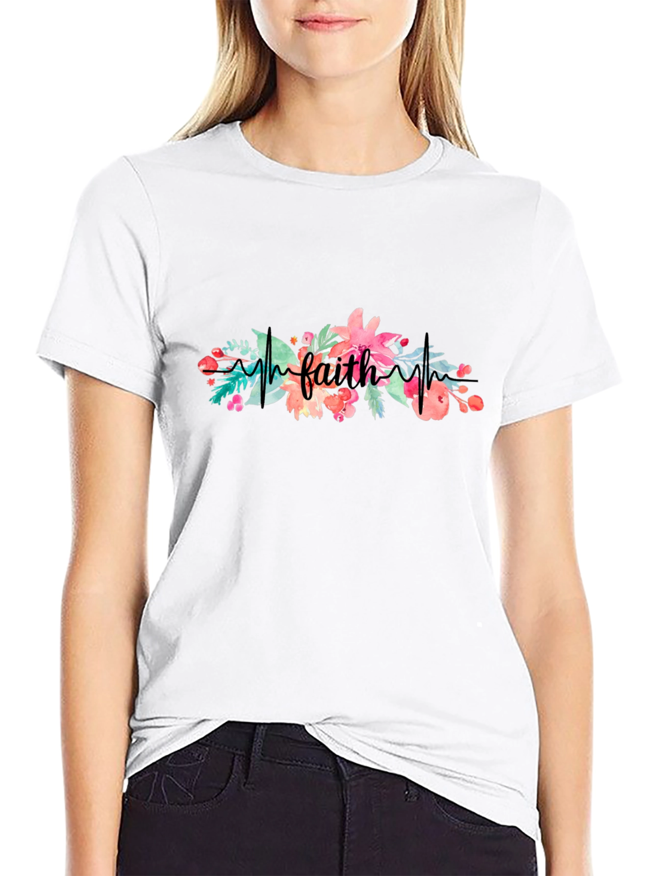 Faith Floral Heartbeat Black T-Shirt