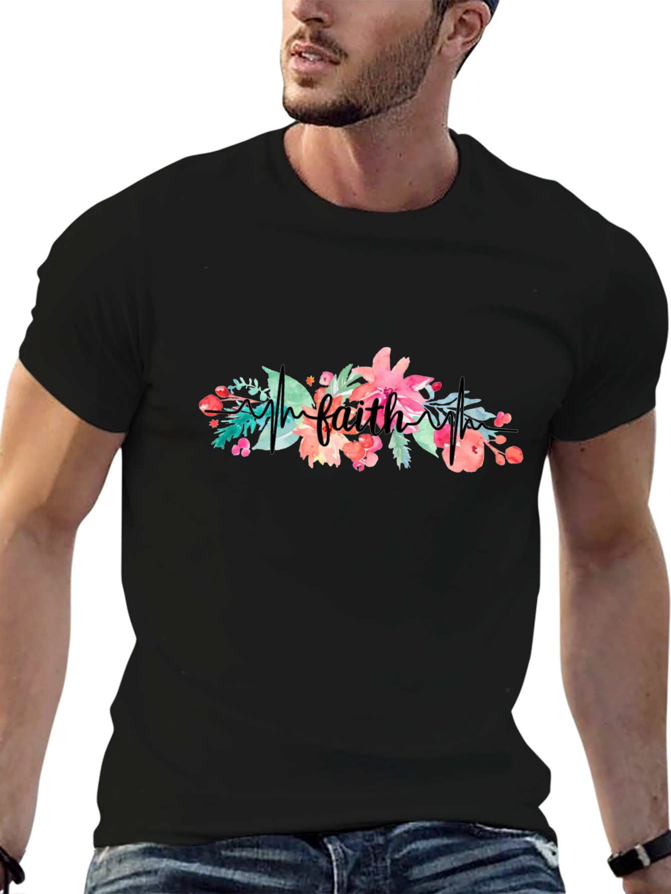 Faith Floral Heartbeat Black T-Shirt