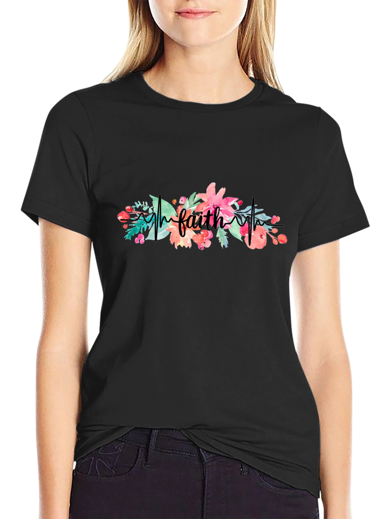 Faith Floral Heartbeat Black T-Shirt