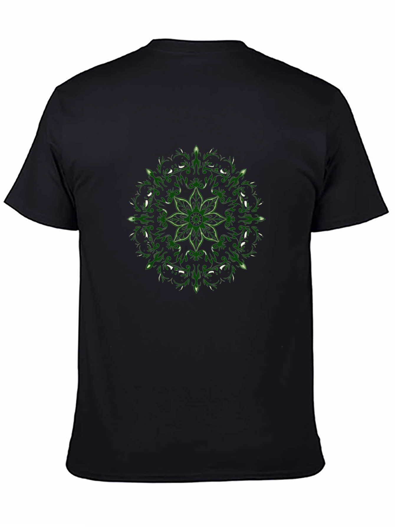 Black T-Shirt with Green Floral Mandala