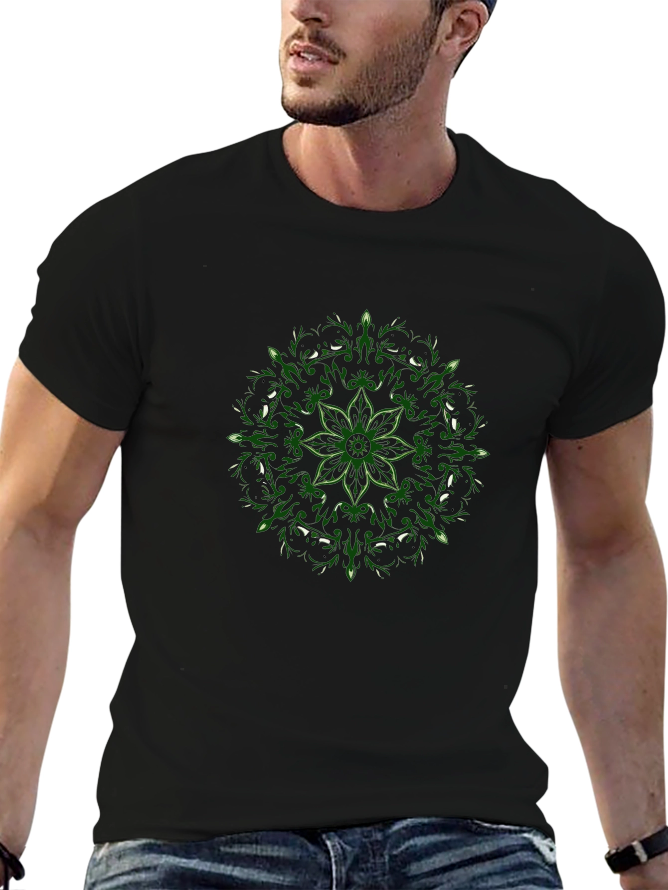 Black T-Shirt with Green Floral Mandala
