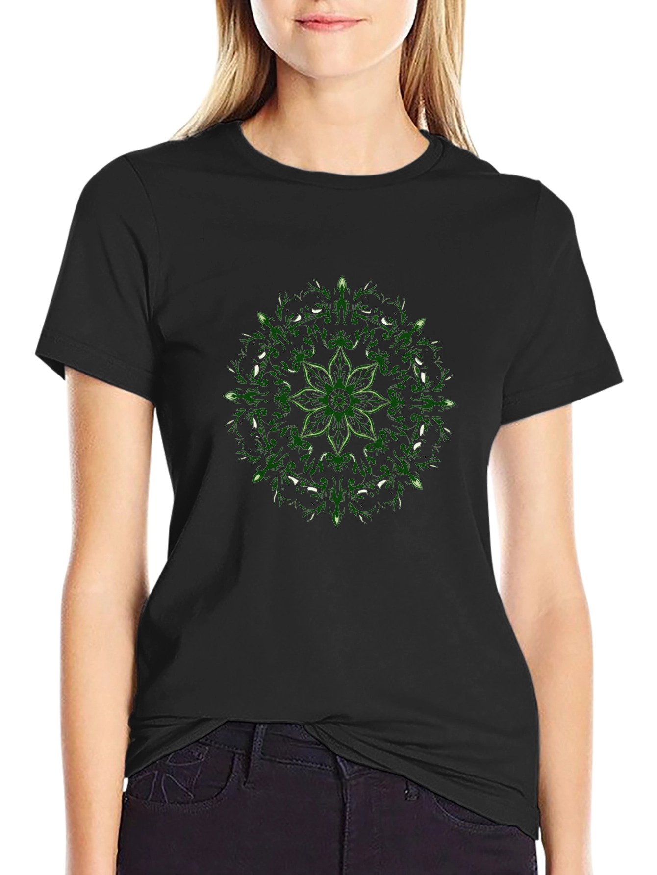 Black T-Shirt with Green Floral Mandala