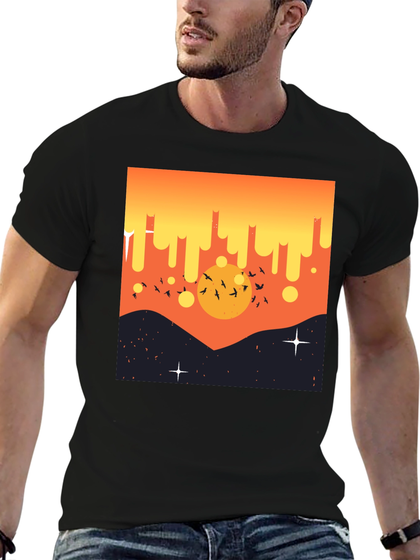 Sunset Birds Graphic Tee - Mens Black T-Shirt