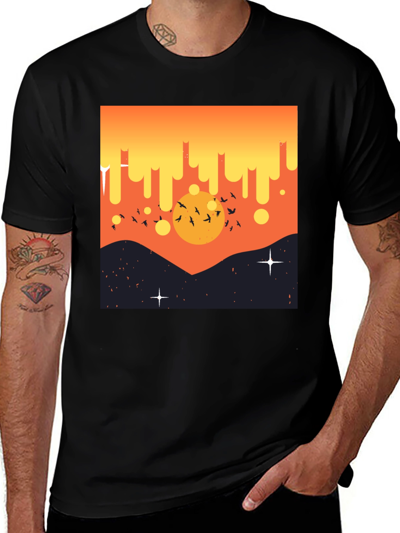 Sunset Birds Graphic Tee - Mens Black T-Shirt