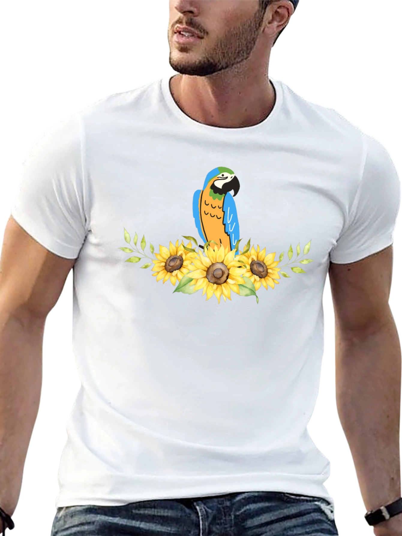 Parrot & Sunflower Graphic Black T-Shirt