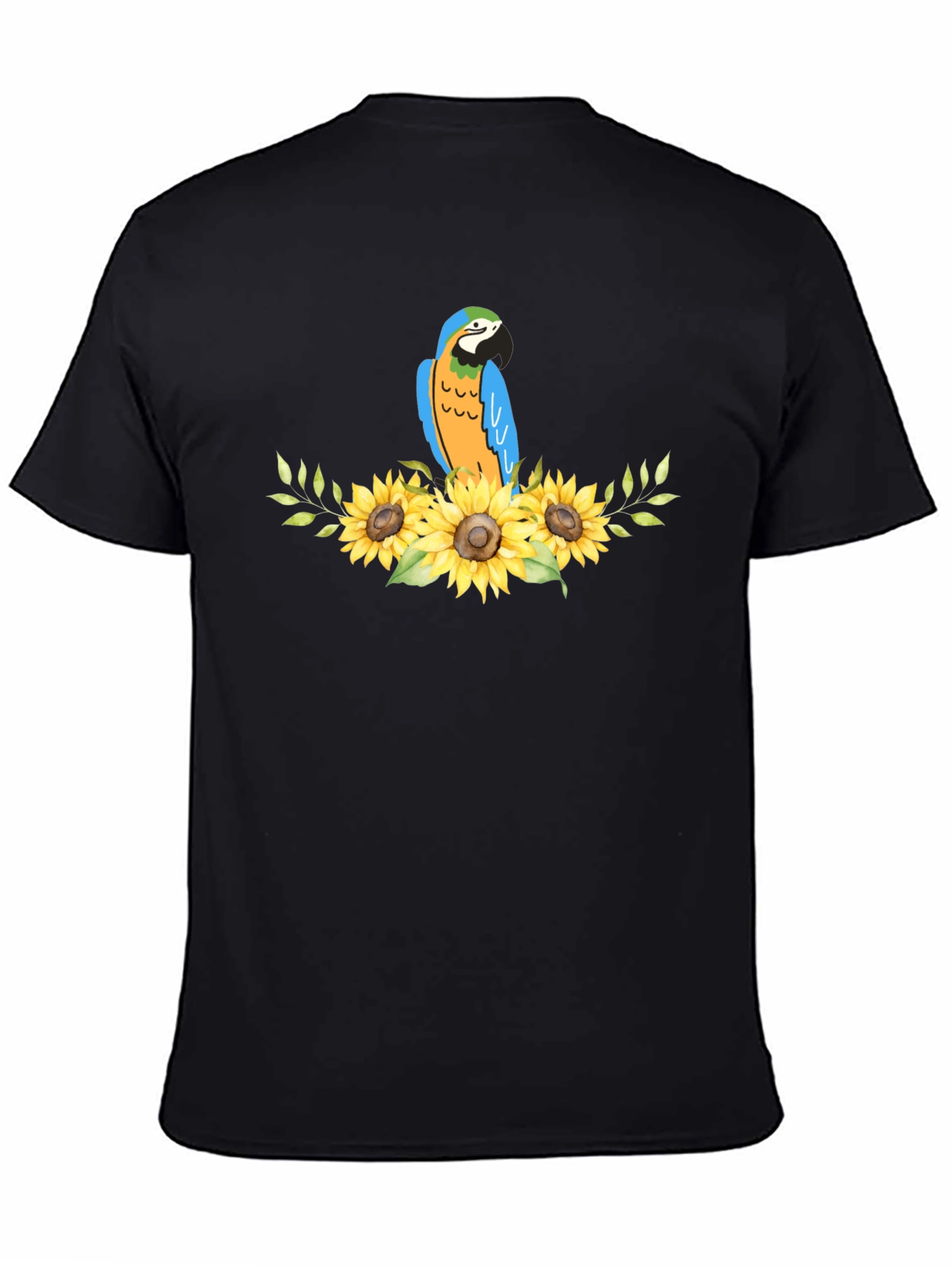 Parrot & Sunflower Graphic Black T-Shirt