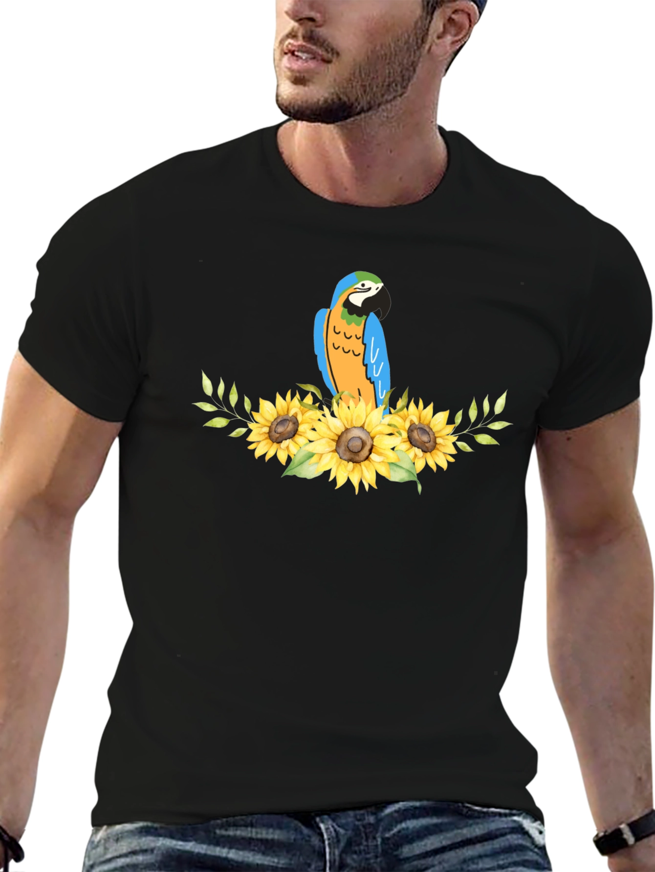 Parrot & Sunflower Graphic Black T-Shirt