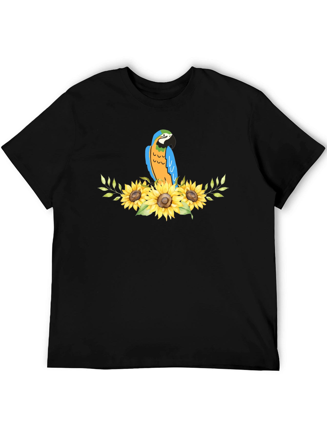 Parrot & Sunflower Graphic Black T-Shirt