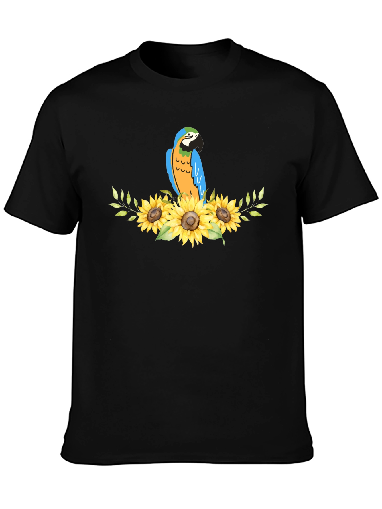 Parrot & Sunflower Graphic Black T-Shirt