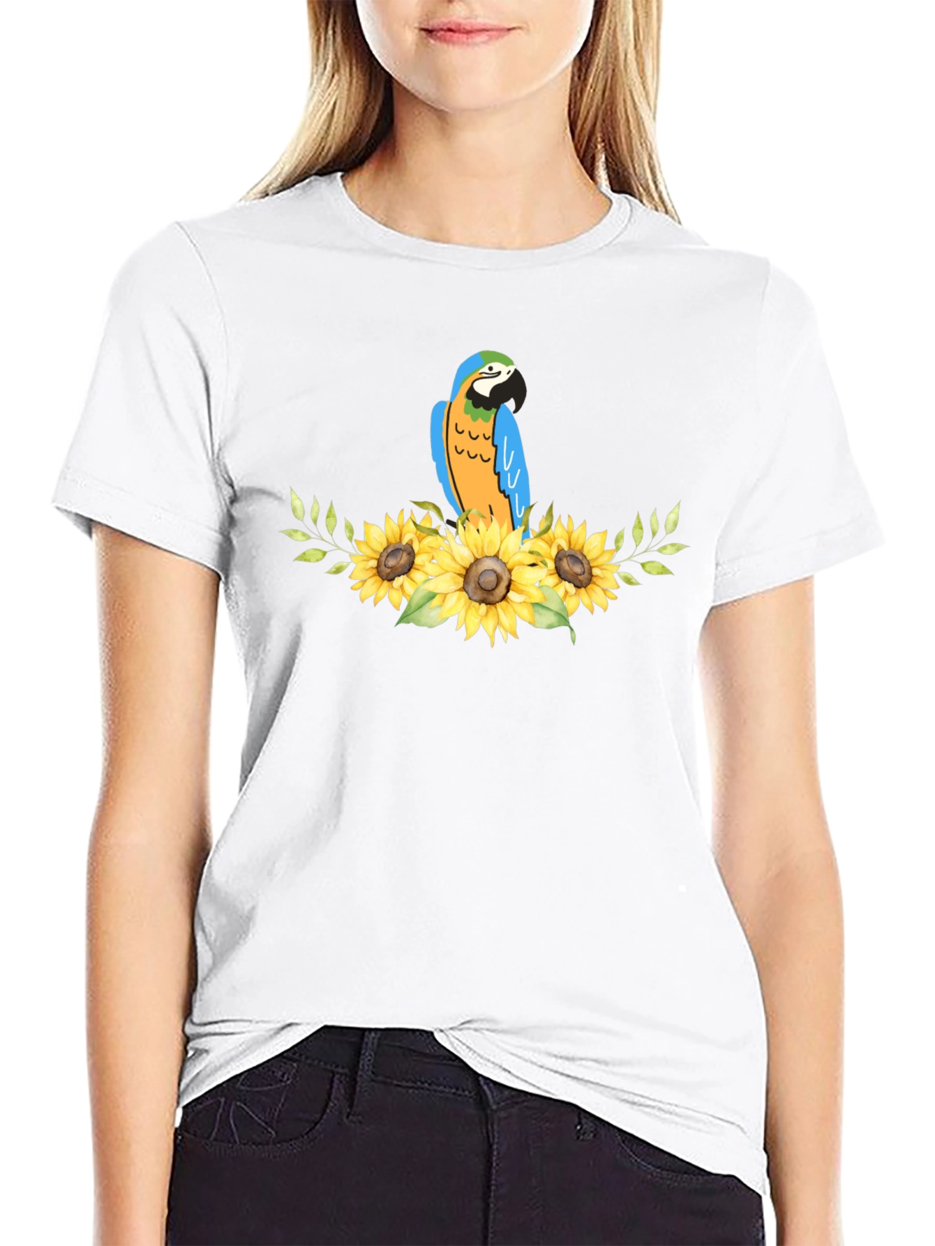 Parrot & Sunflower Graphic Black T-Shirt