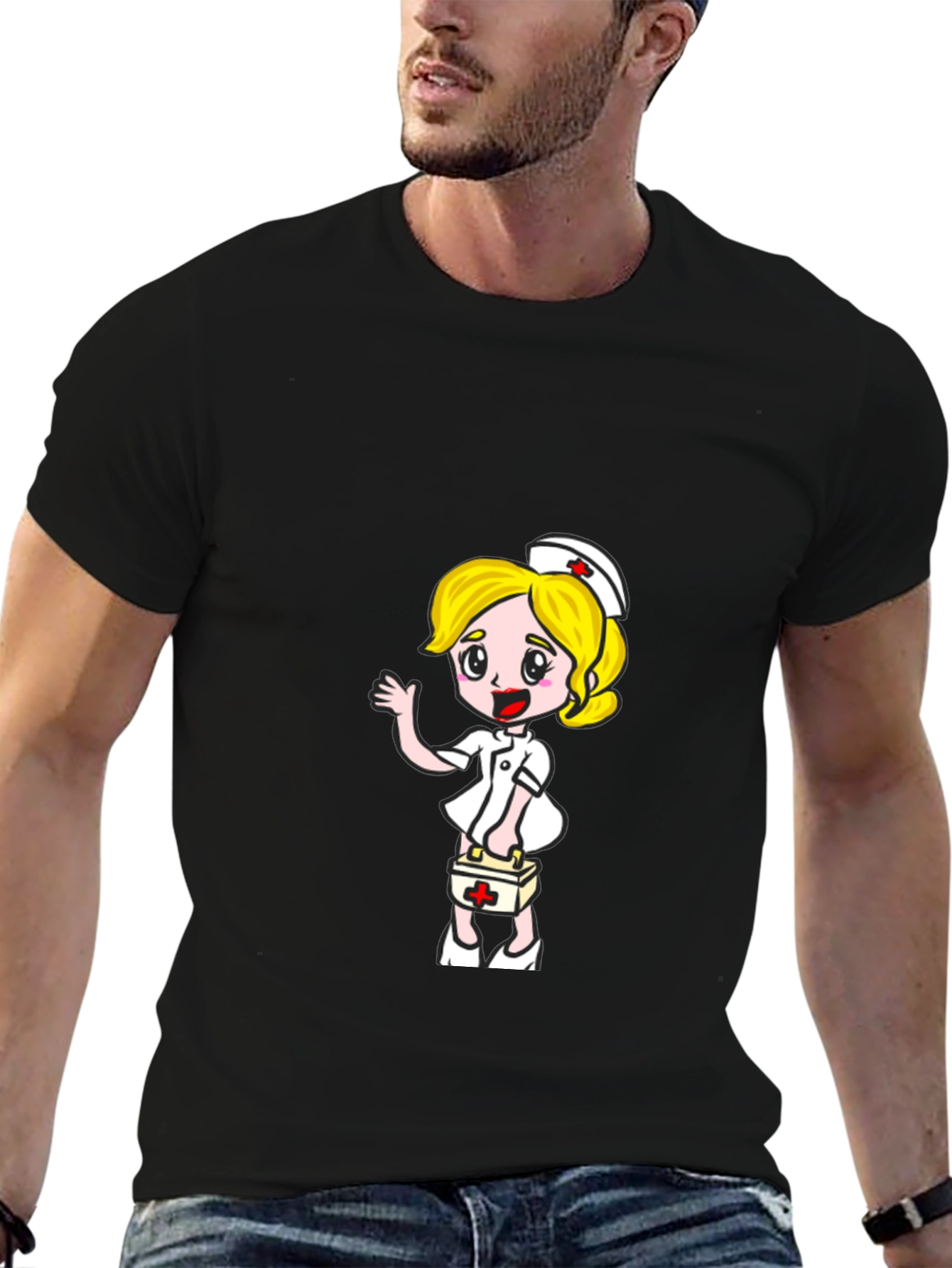 Nurse Cartoon Graphic Tee - Black