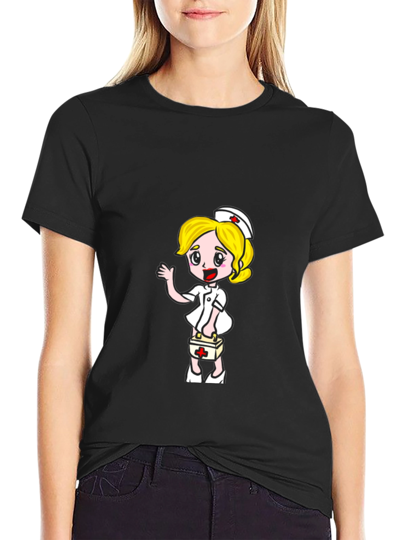 Nurse Cartoon Graphic Tee - Black