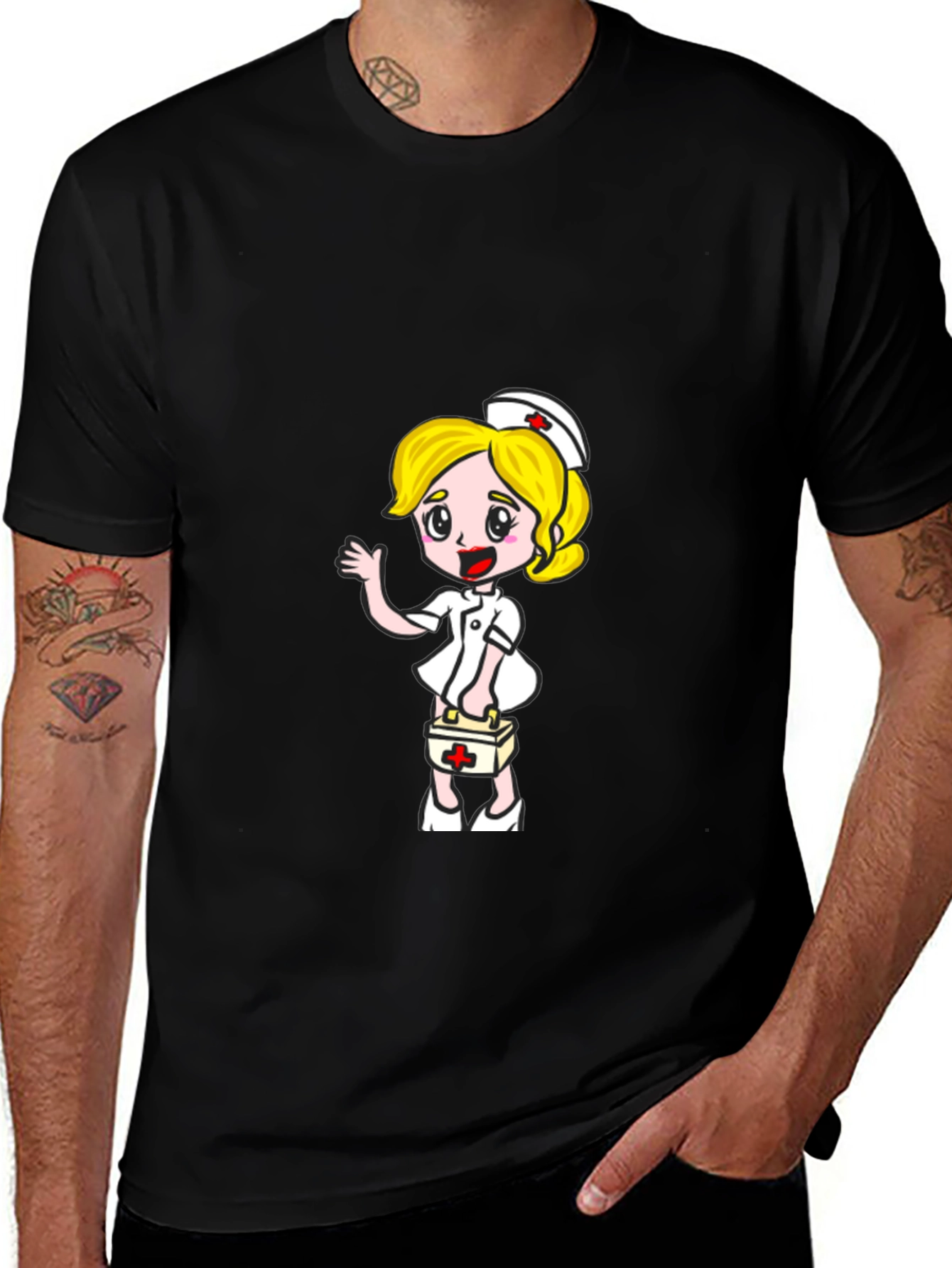 Nurse Cartoon Graphic Tee - Black
