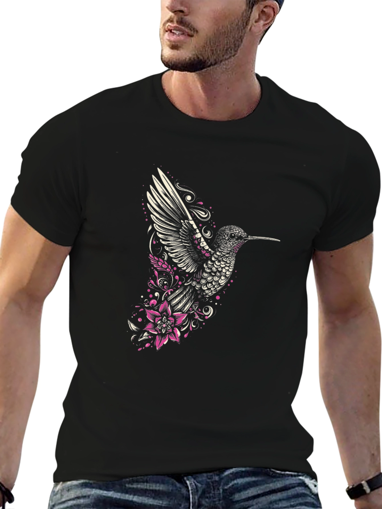 Hummingbird Graphic Tee - Stylish Mens Black T-Shirt