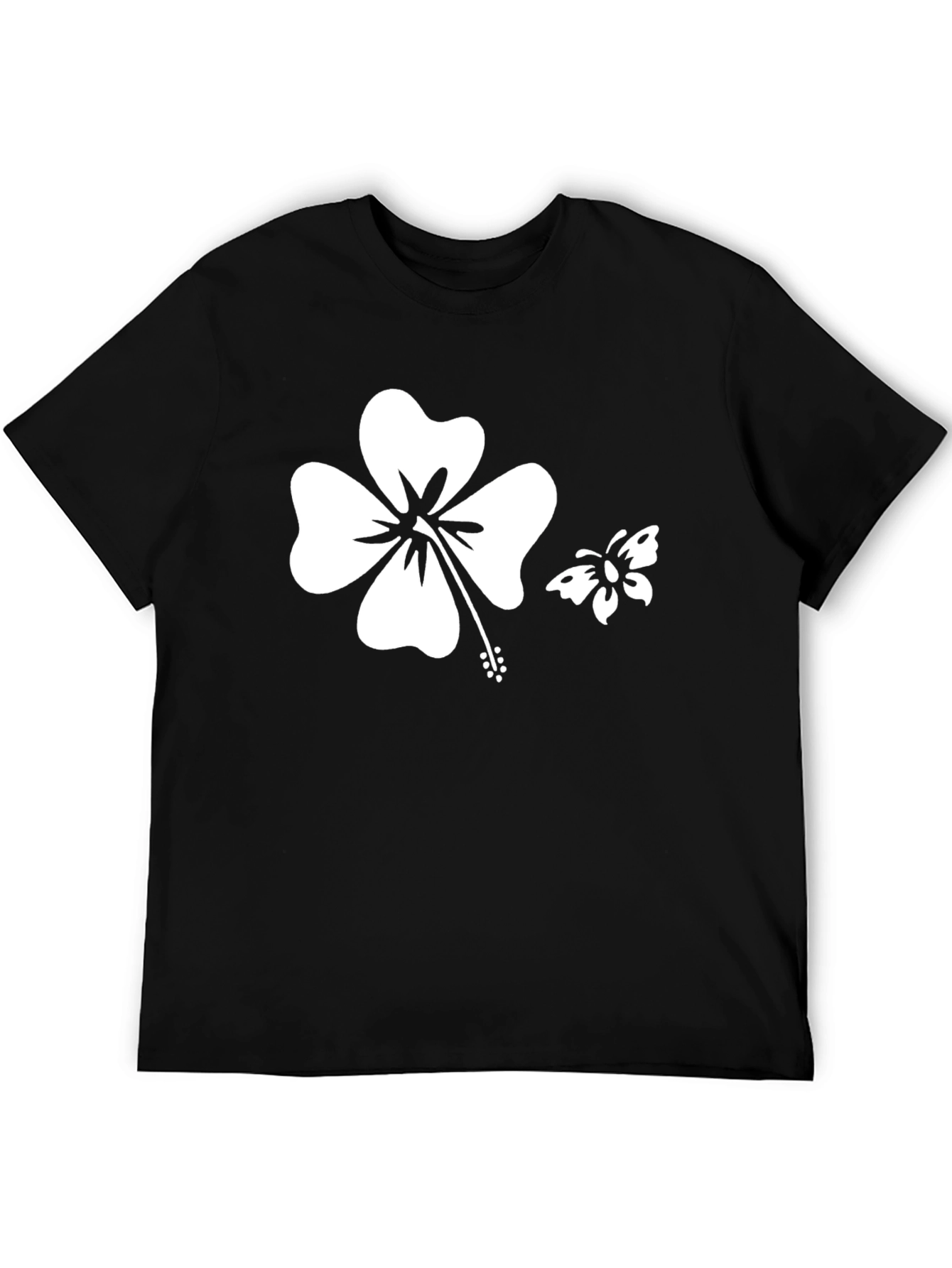Black T-Shirt with Hibiscus and Butterfly Graphic