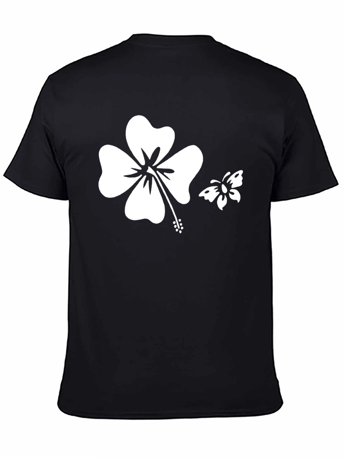 Black T-Shirt with Hibiscus and Butterfly Graphic