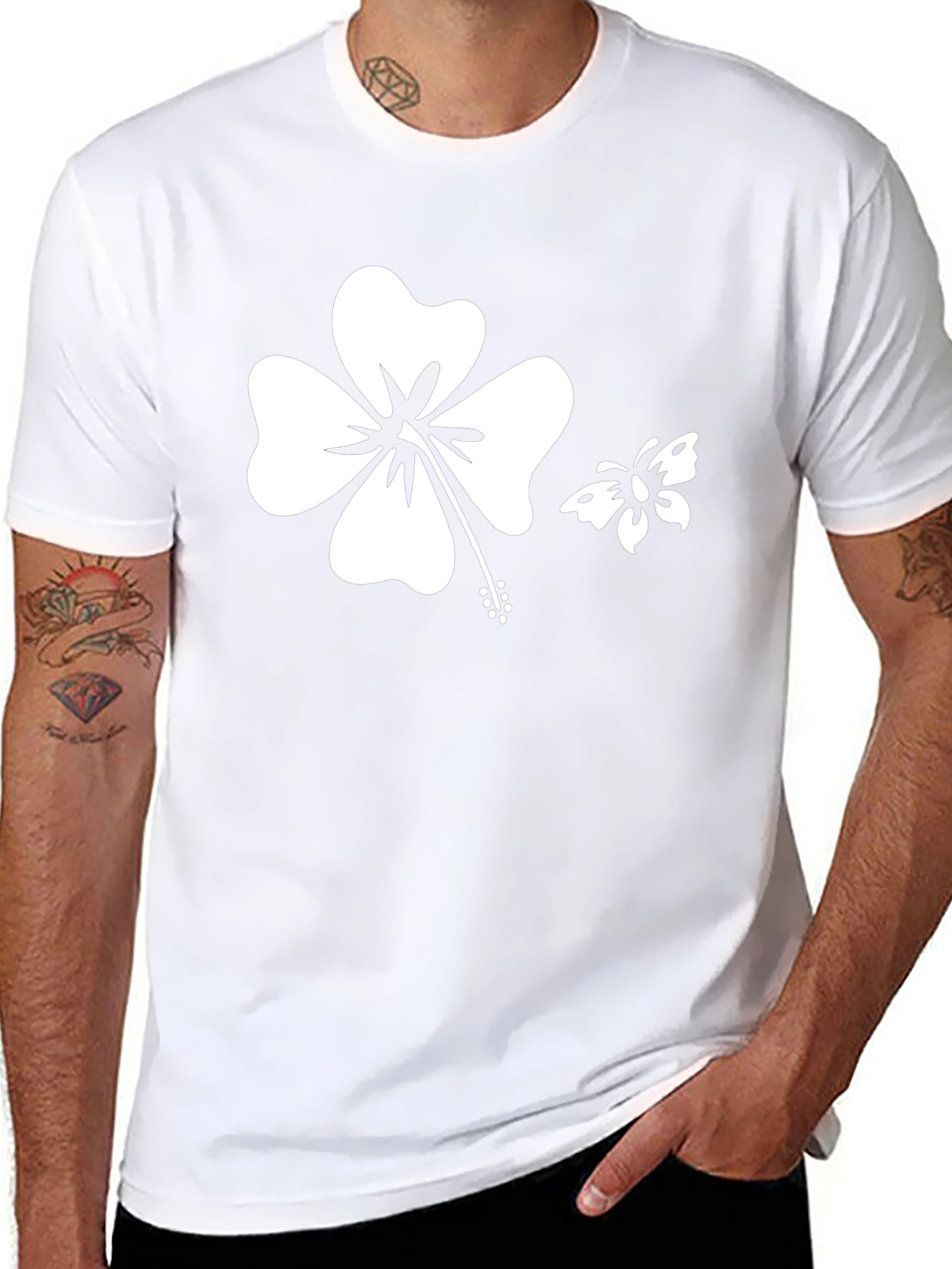 Black T-Shirt with Hibiscus and Butterfly Graphic