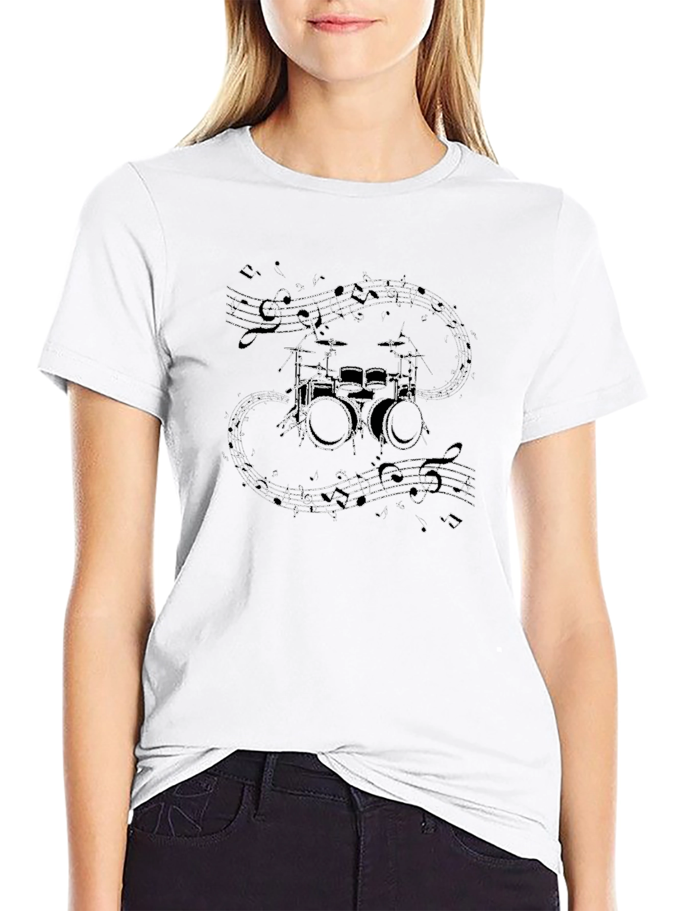 Drum Kit & Musical Notes Graphic Black T-Shirt