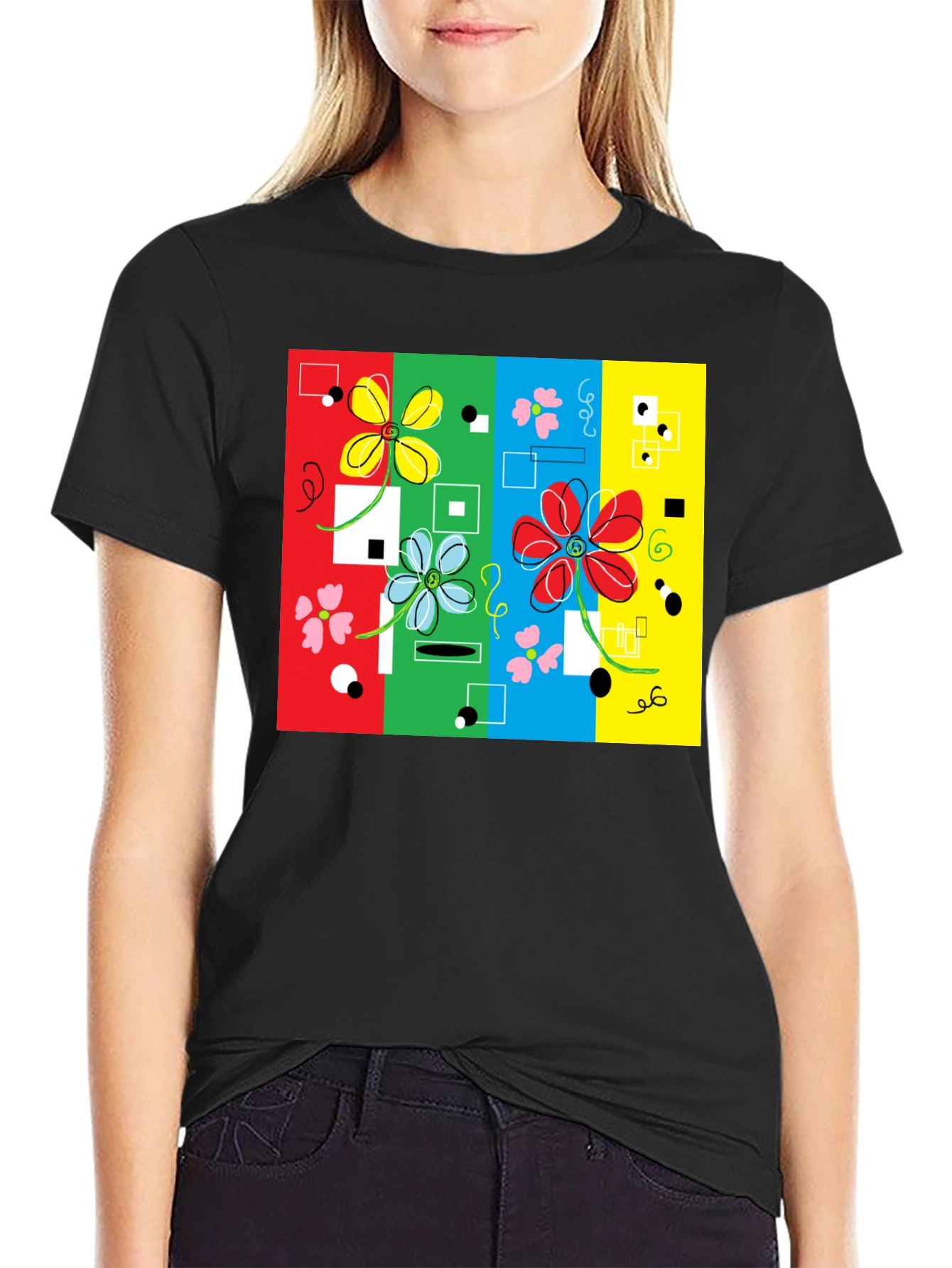 Retro Floral Print Black T-Shirt