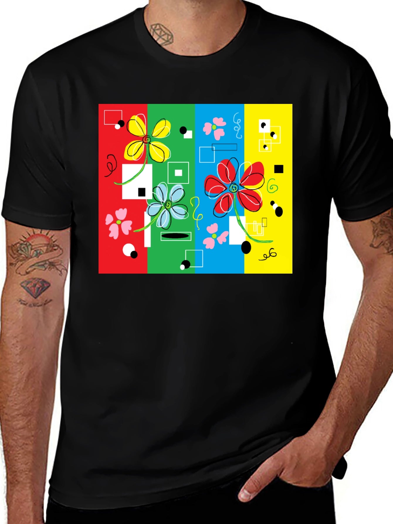 Retro Floral Print Black T-Shirt