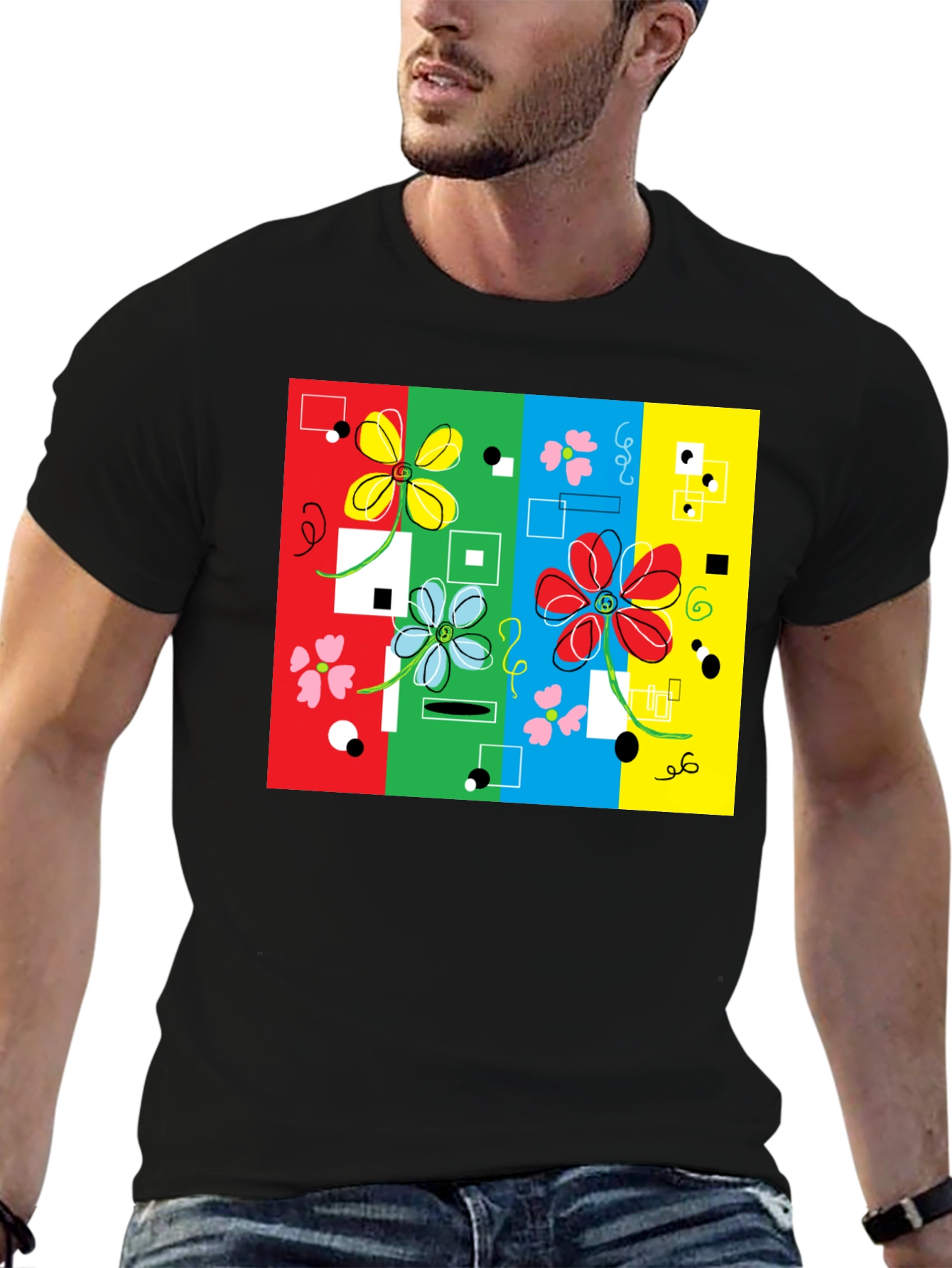 Retro Floral Print Black T-Shirt