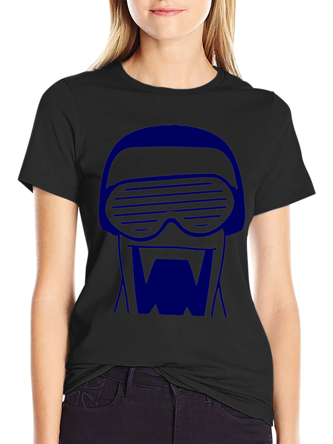 Retro-Cool Black T-Shirt with Blue 80s Robot Graphic