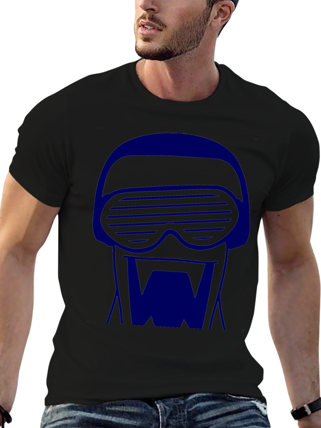 Retro-Cool Black T-Shirt with Blue 80s Robot Graphic