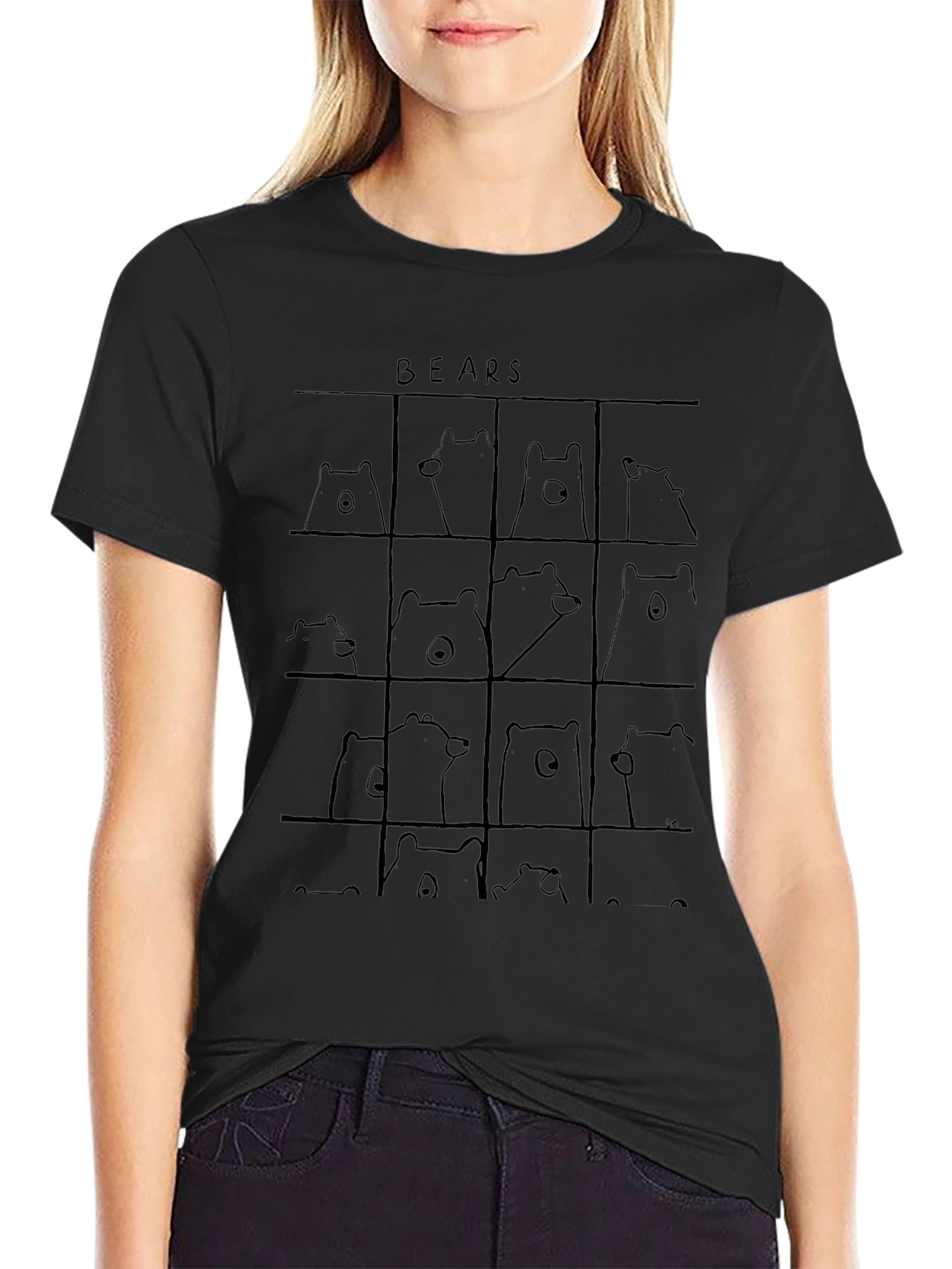 Bear Grid Black T-Shirt - Cute Cartoon Animal Tee