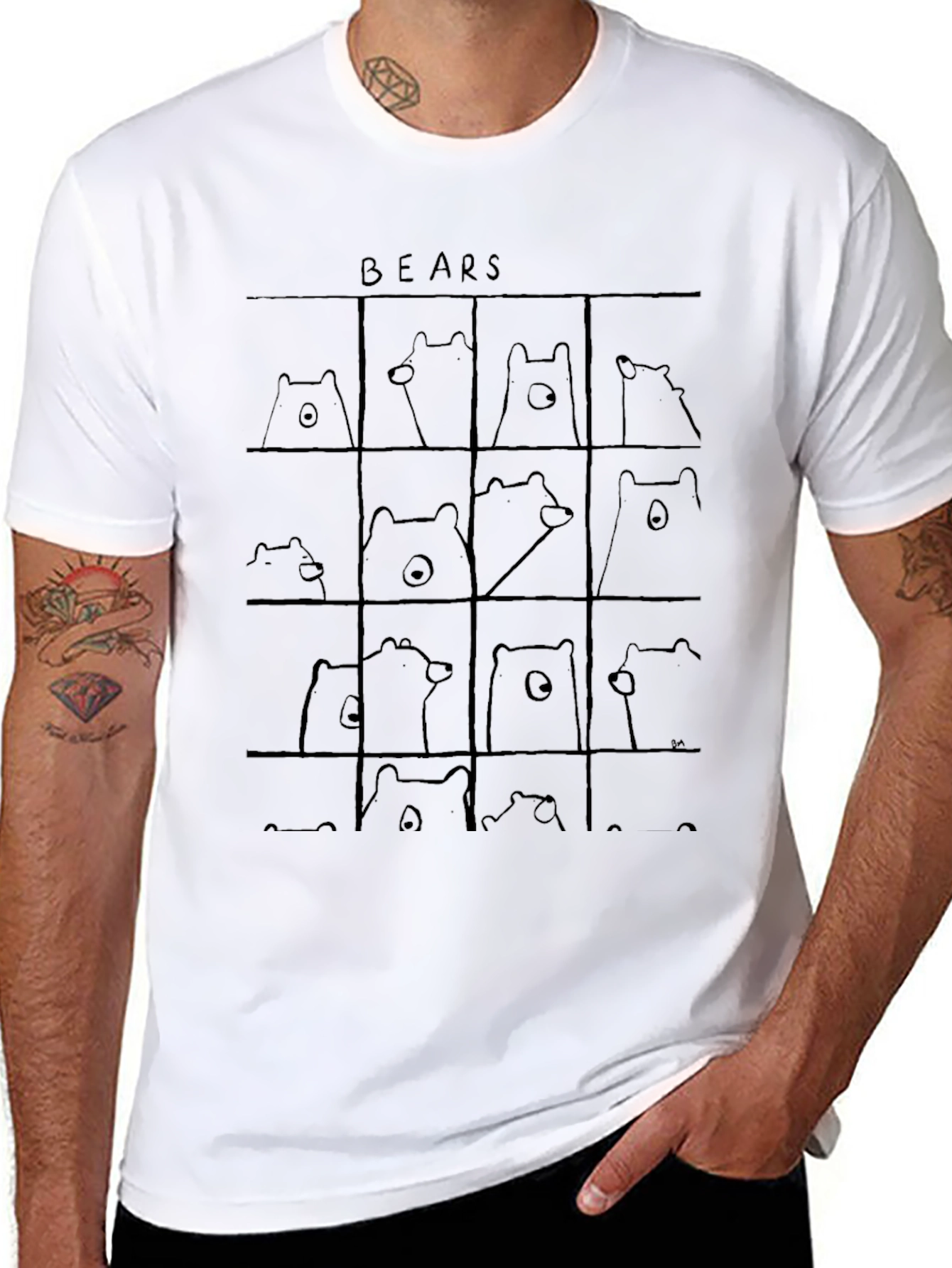 Bear Grid Black T-Shirt - Cute Cartoon Animal Tee