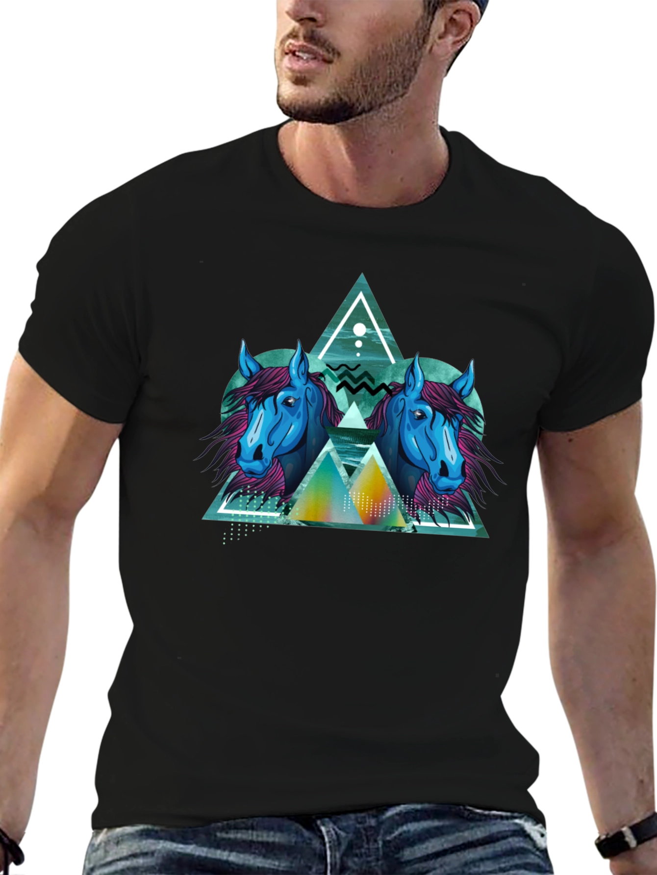Geometric Horse Graphic Black T-Shirt