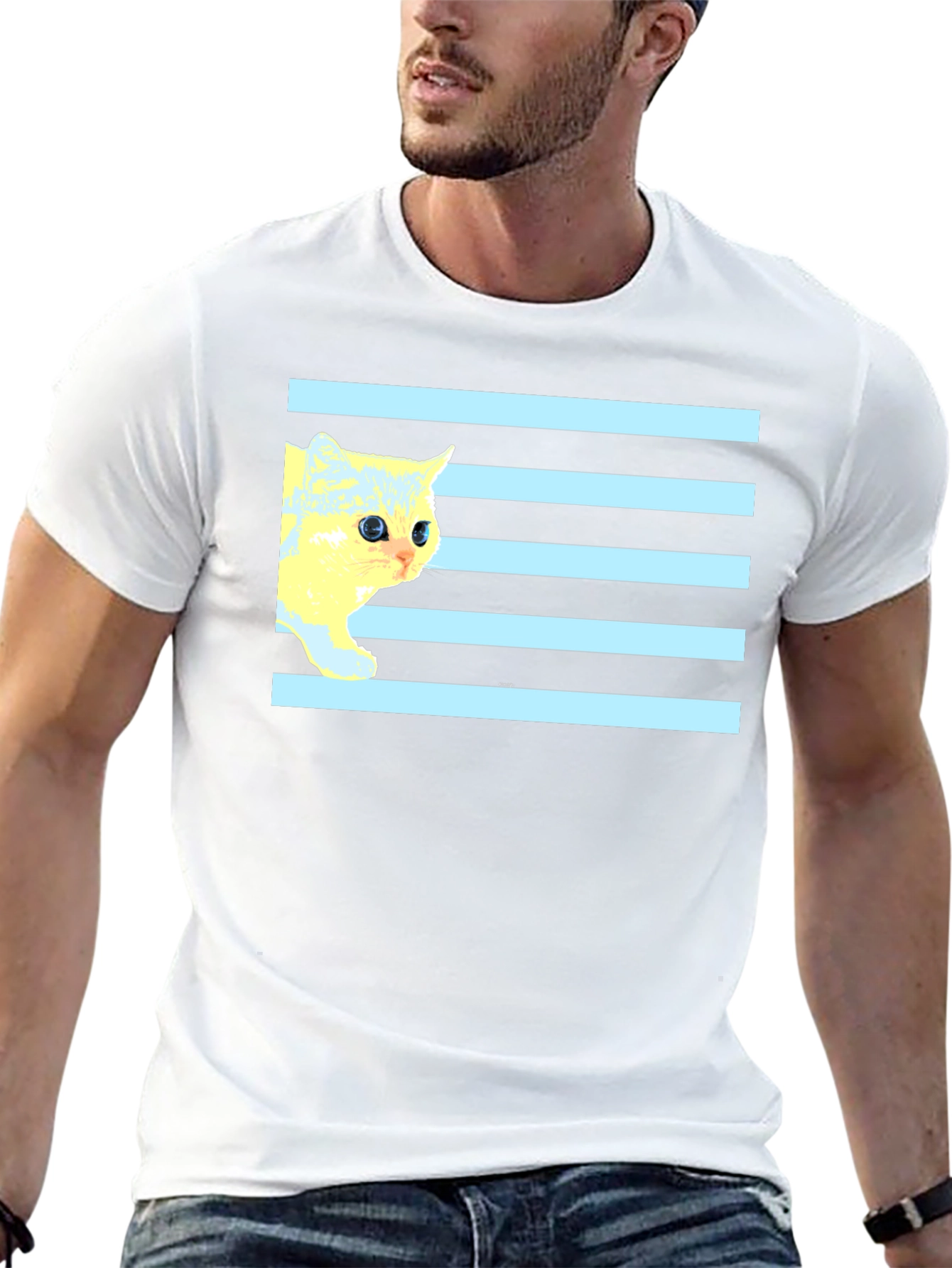 Striped Cat Tee - Graphic Print Black T-Shirt