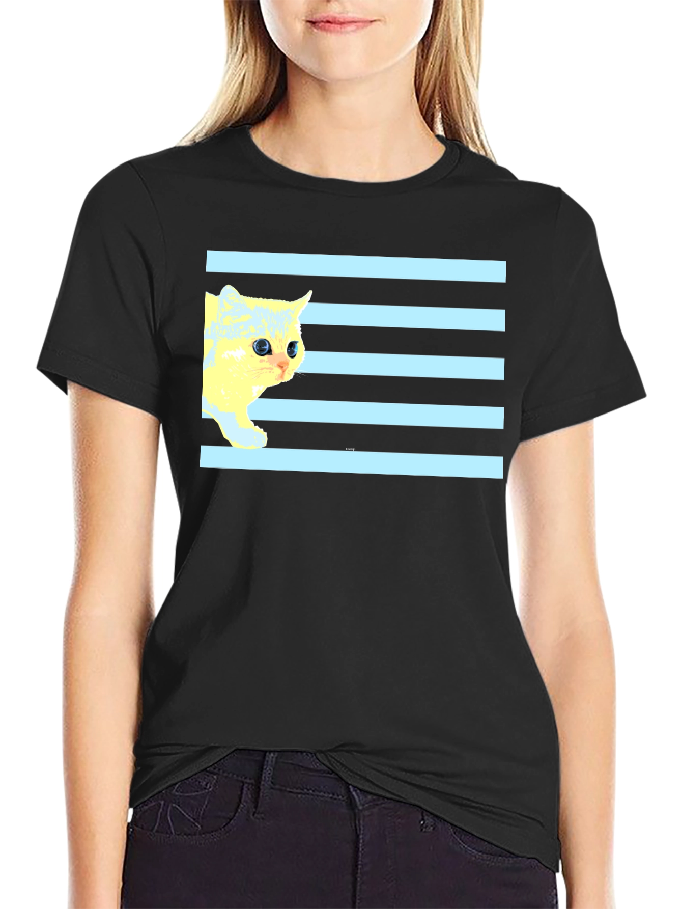 Striped Cat Tee - Graphic Print Black T-Shirt
