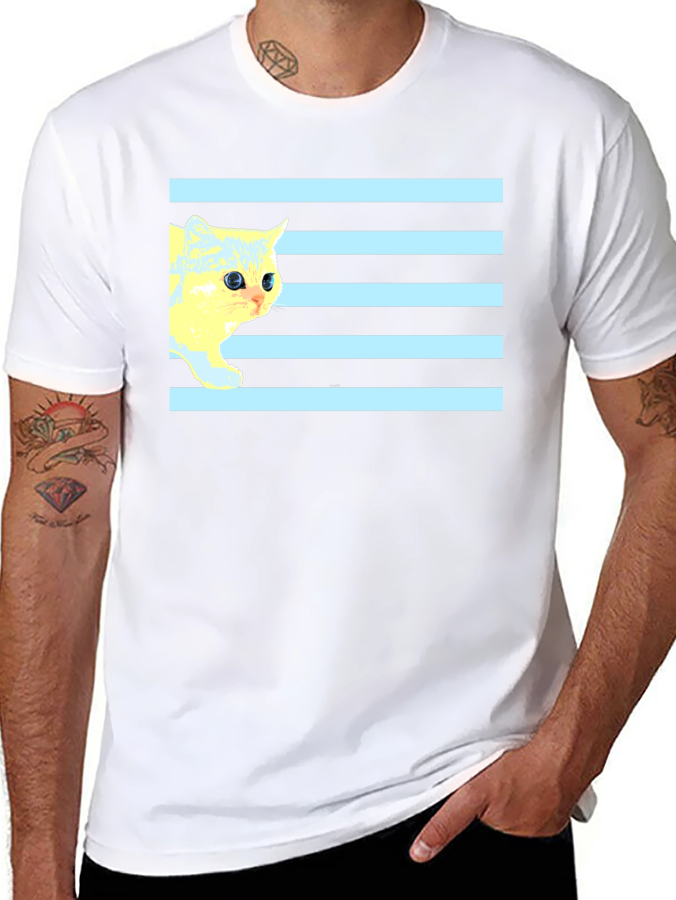 Striped Cat Tee - Graphic Print Black T-Shirt
