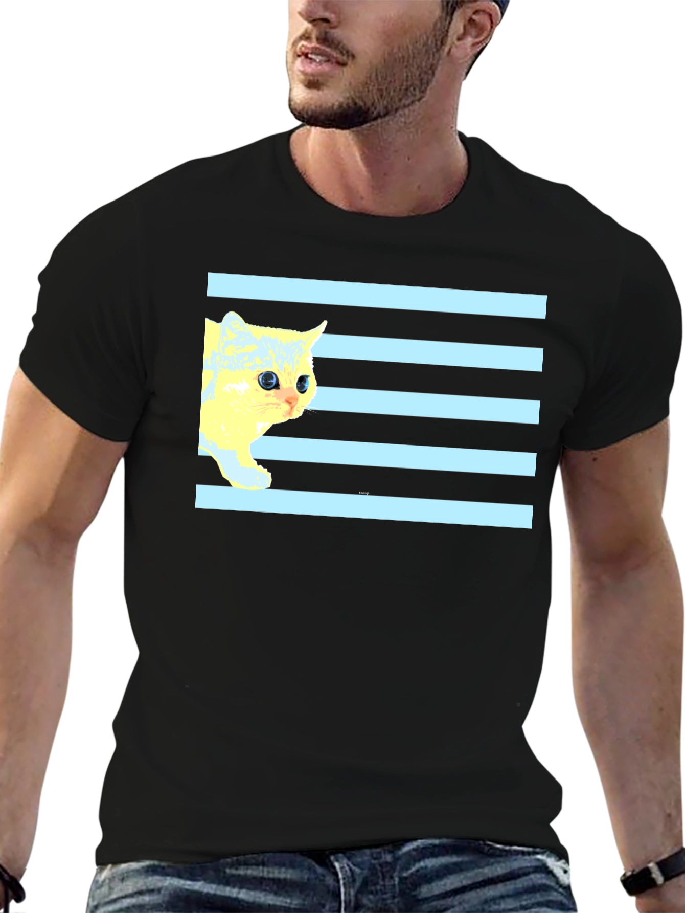 Striped Cat Tee - Graphic Print Black T-Shirt