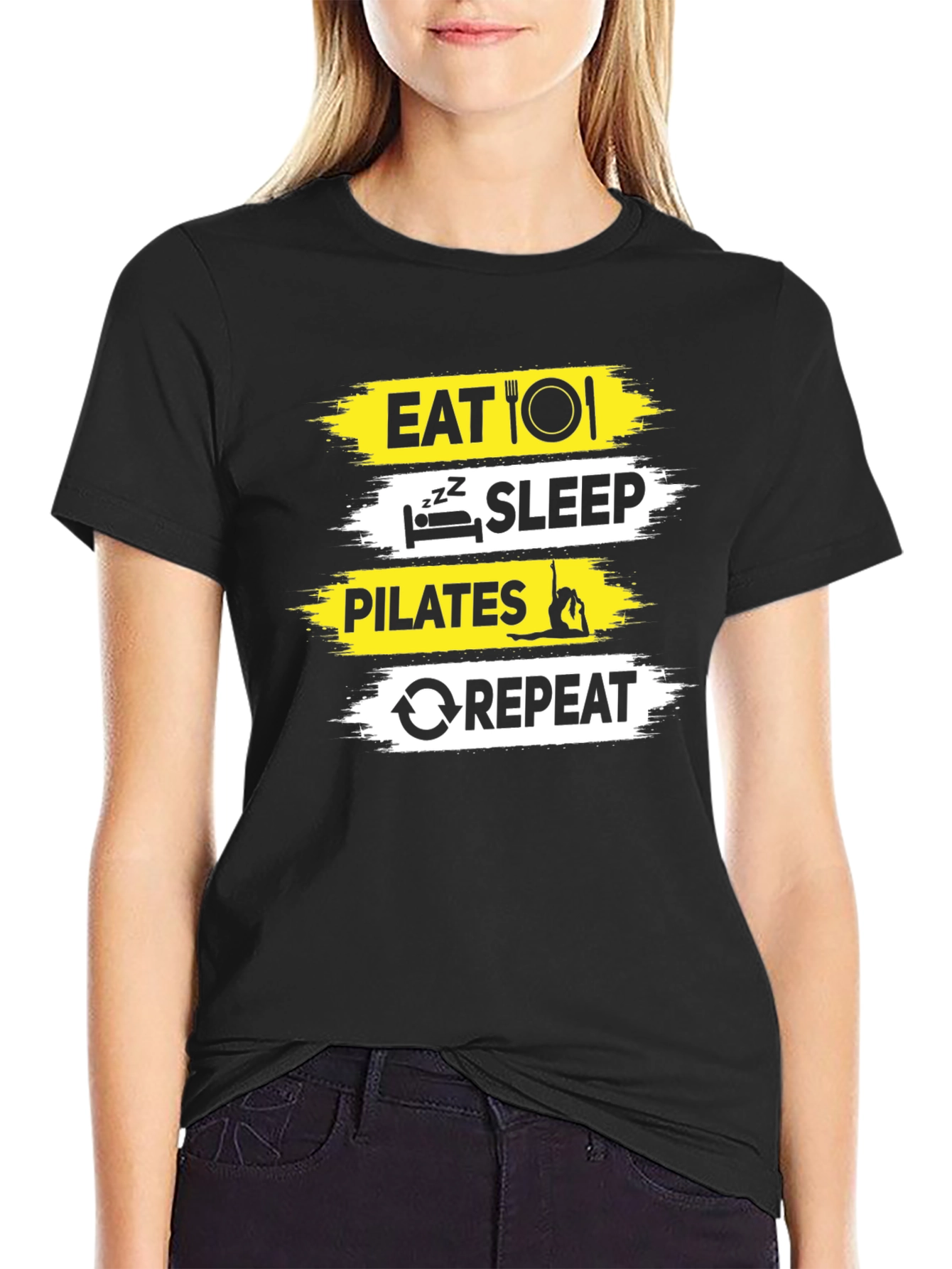 Eat Sleep Pilates Repeat Black Graphic T-Shirt