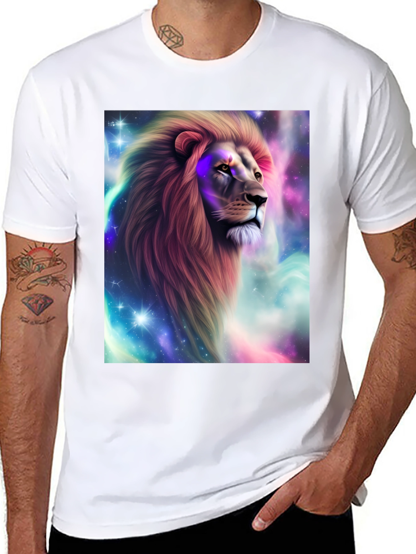 Lion Galaxy Graphic Print Black T-Shirt