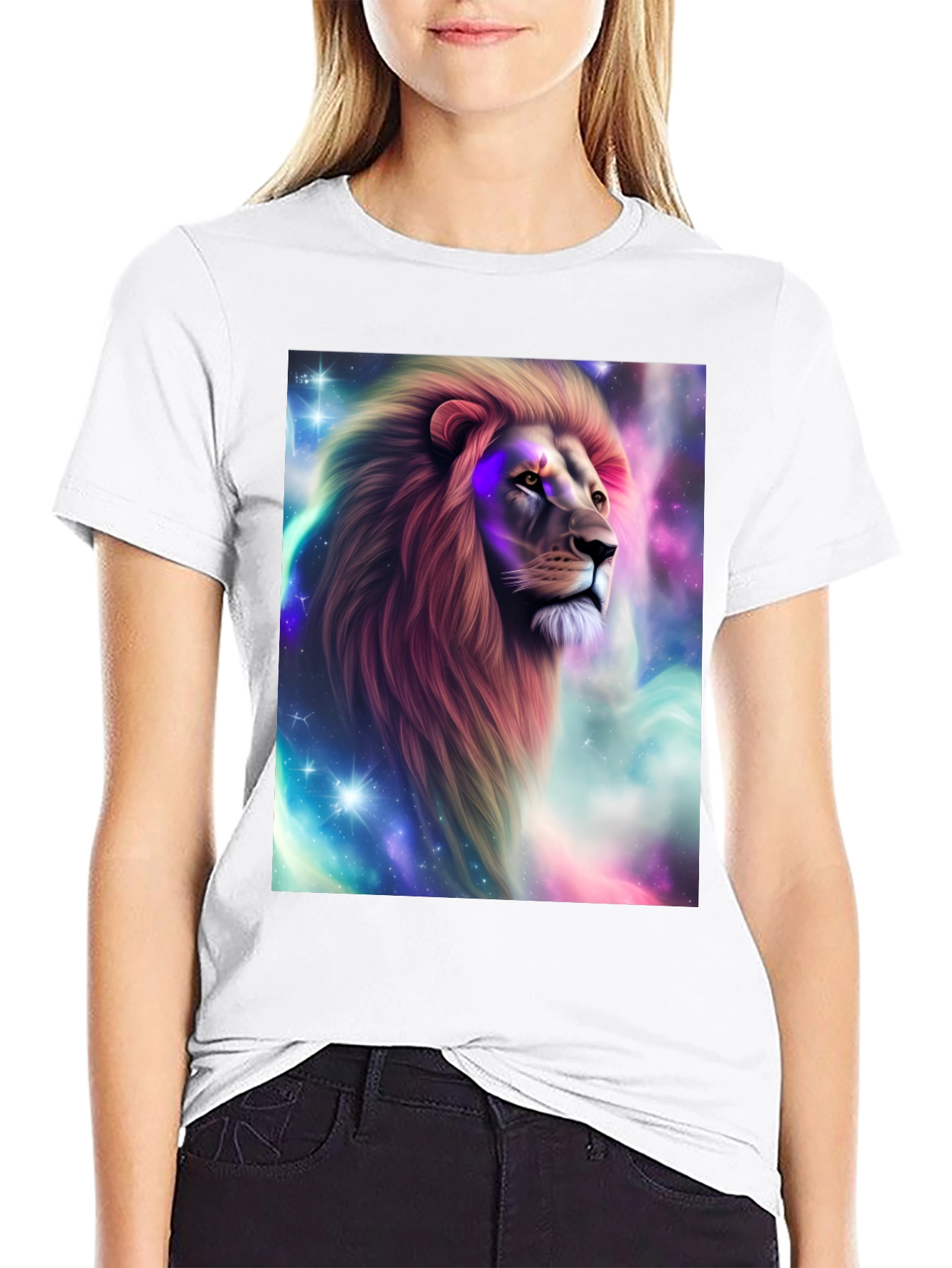 Lion Galaxy Graphic Print Black T-Shirt