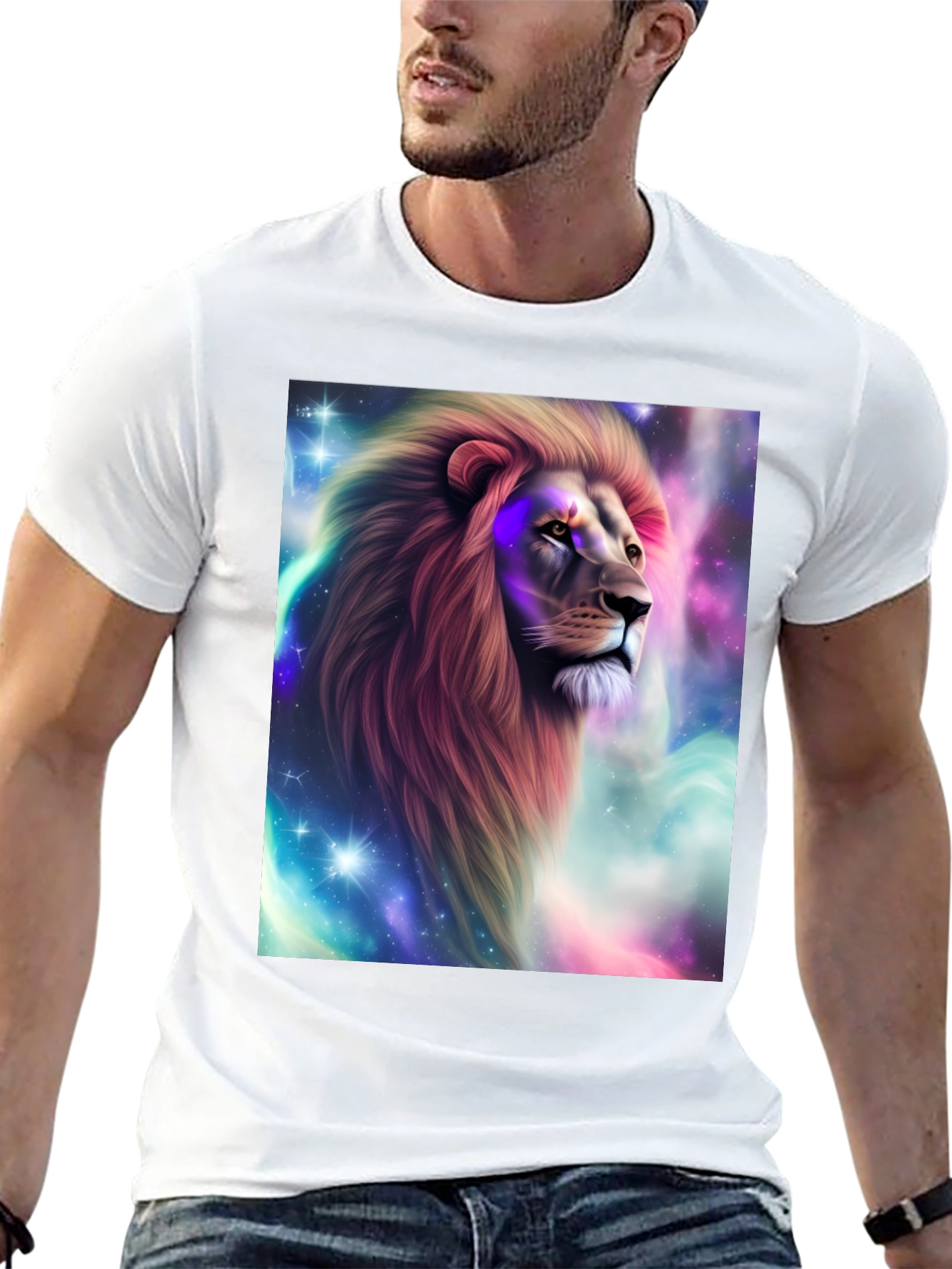 Lion Galaxy Graphic Print Black T-Shirt