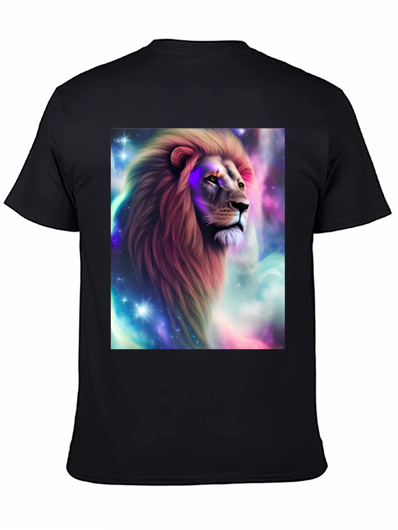Lion Galaxy Graphic Print Black T-Shirt