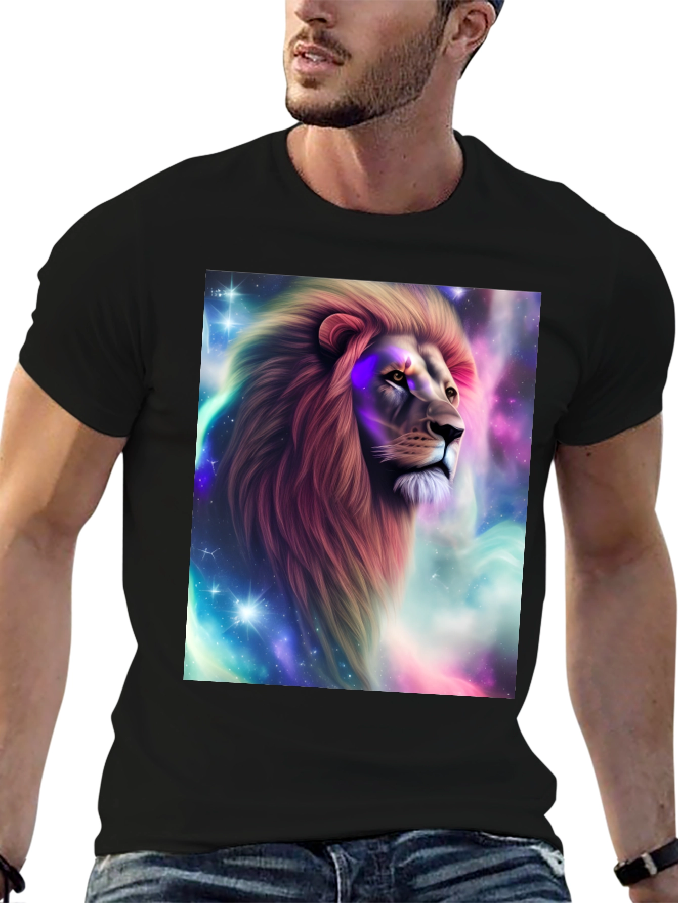 Lion Galaxy Graphic Print Black T-Shirt