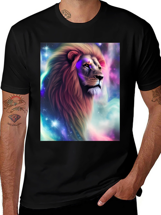 Lion Galaxy Graphic Print Black T-Shirt