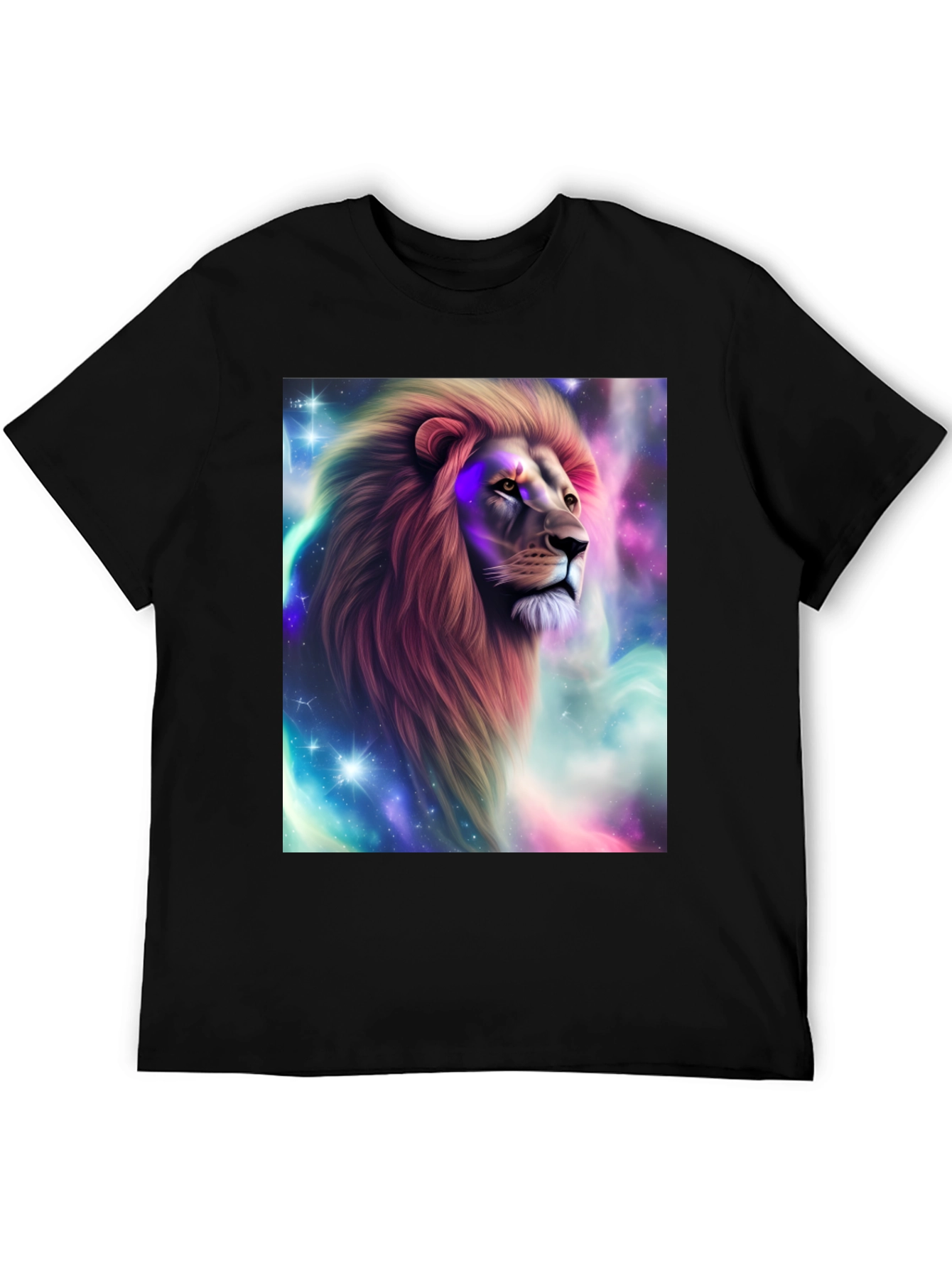Lion Galaxy Graphic Print Black T-Shirt