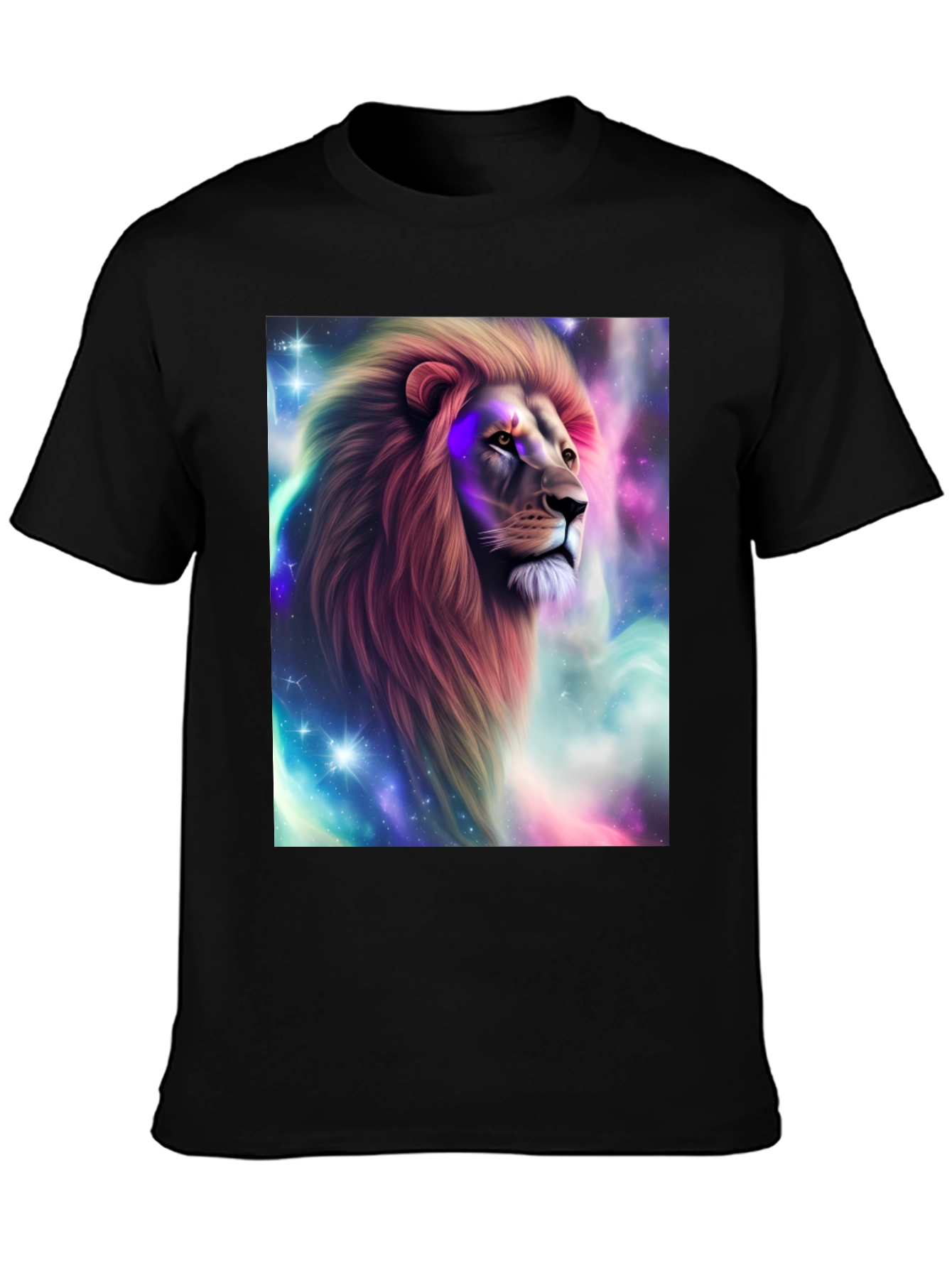 Lion Galaxy Graphic Print Black T-Shirt