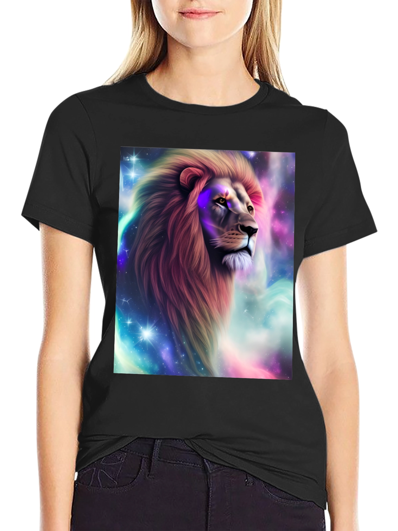 Lion Galaxy Graphic Print Black T-Shirt