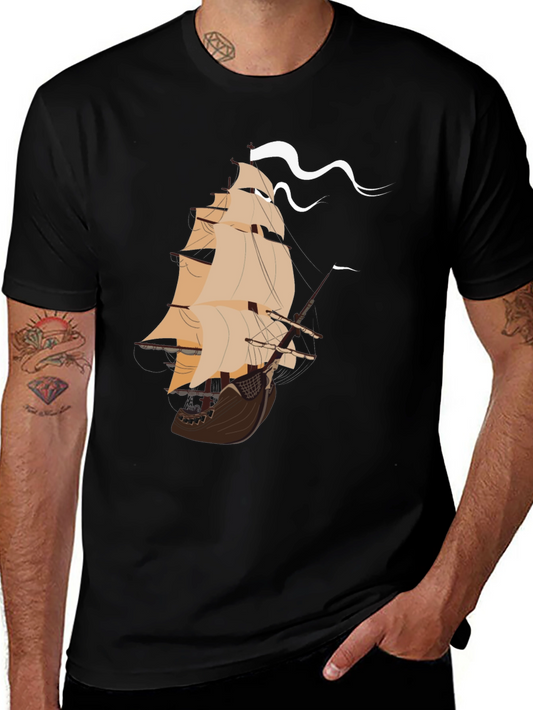 Nautical Ship Graphic Tee - Black Cotton T-Shirt