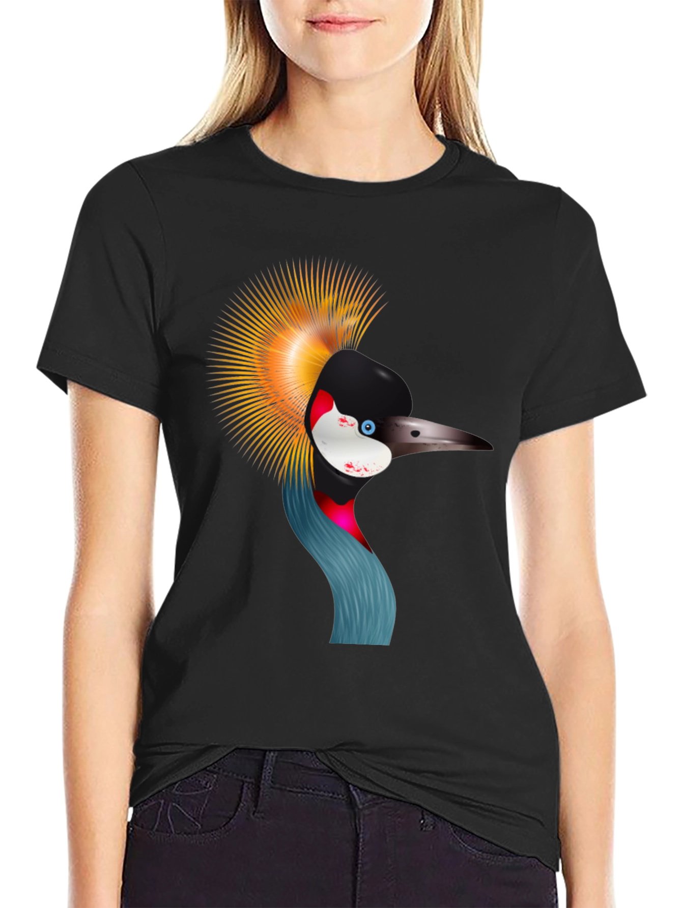 Crowned Crane Graphic Tee - Black Cotton Shirt