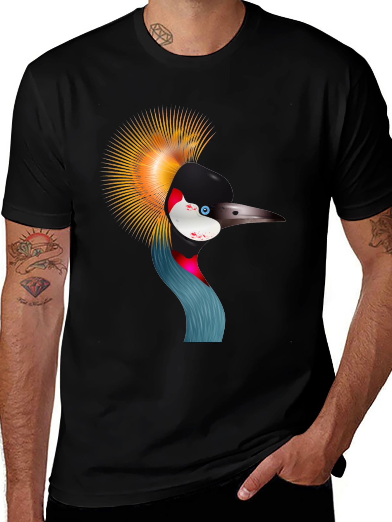 Crowned Crane Graphic Tee - Black Cotton Shirt