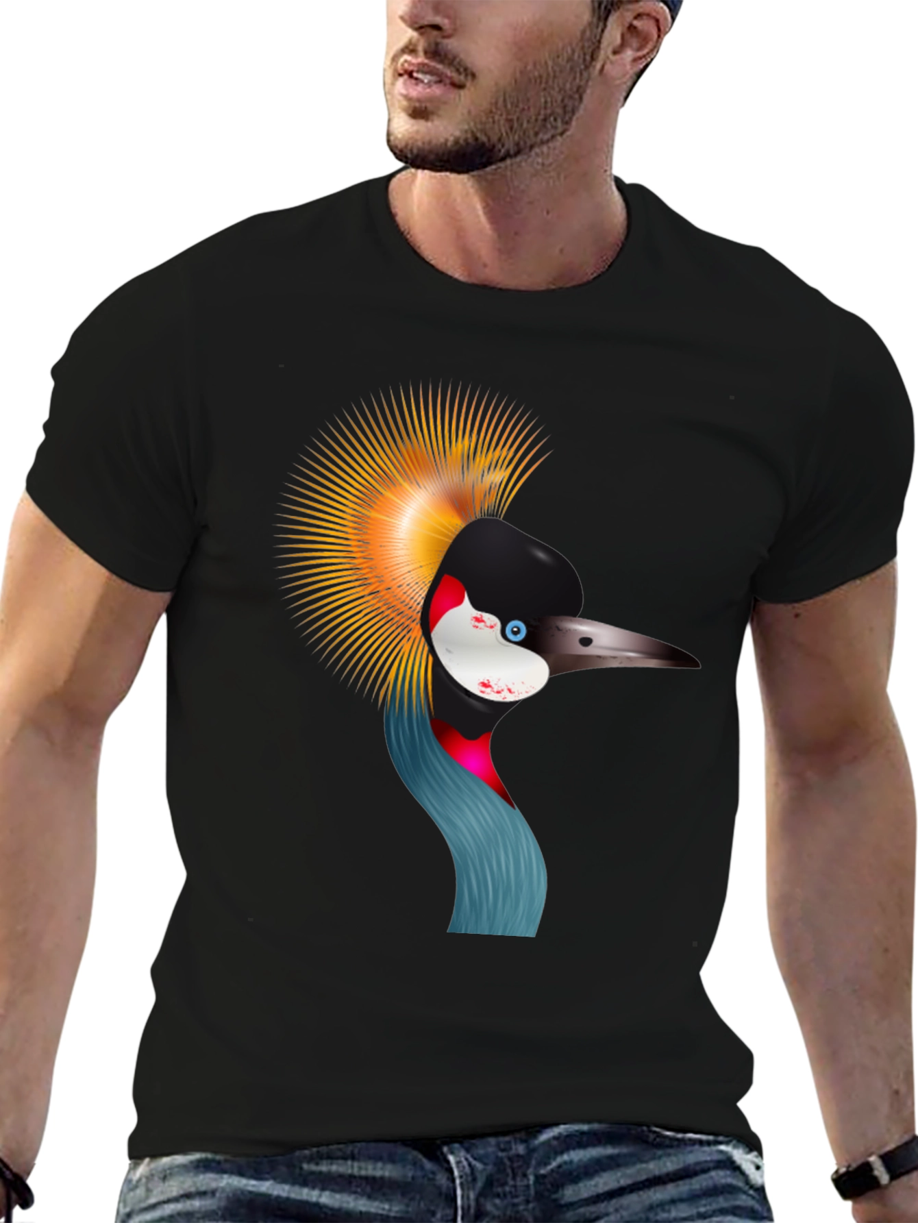 Crowned Crane Graphic Tee - Black Cotton Shirt